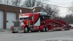 Red and White Peterbilt Car Hauler