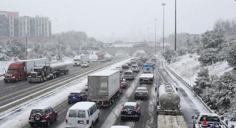 Highway 401 traffic congestion in winter month.