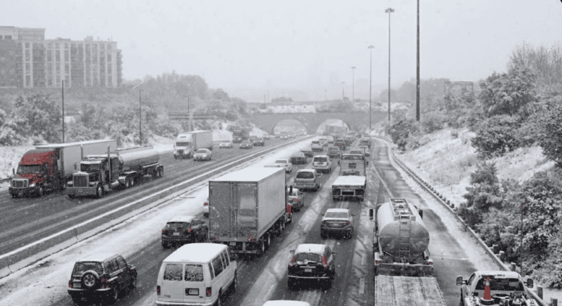 Highway 401 traffic congestion in winter month.