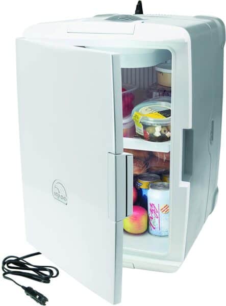 A photo of a travel cooler. The door is slightly ajar, so food can be seen inside. It has a long power cord.