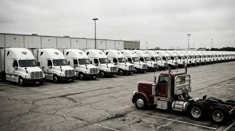 Truck yard with white trucks parked in a row