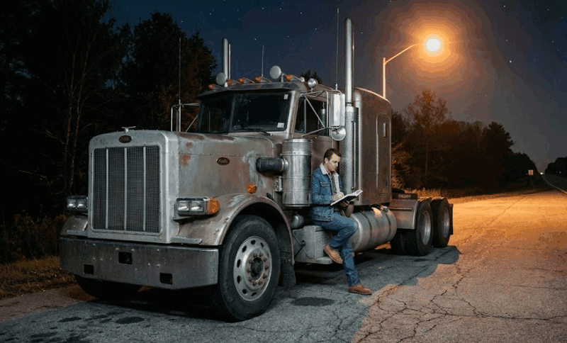 Truck driver reading his notes by his truck at night.