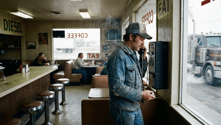 Truck driver on pay phone at a truck stop