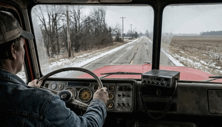 Truck driver on a country road driving his semi truck