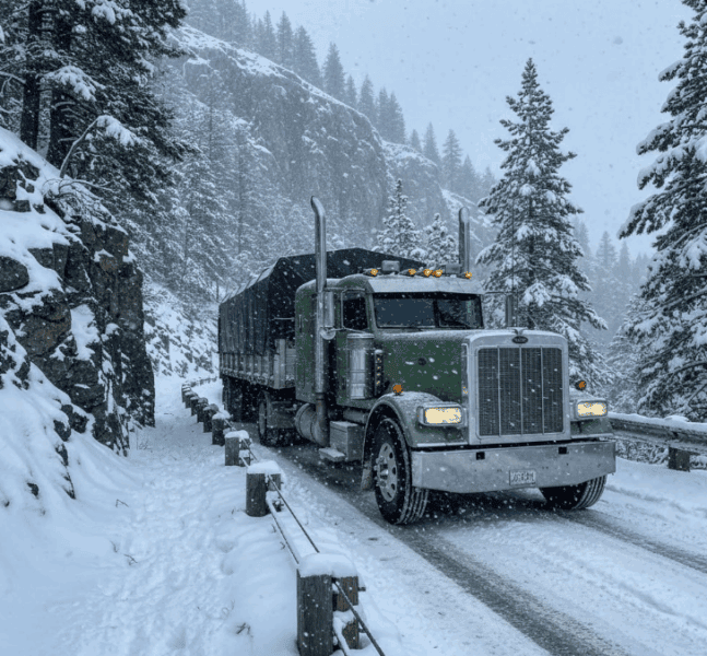 Semi Truck on Snowy Mountain Pass