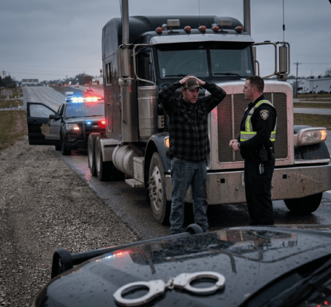 Truck driver being arrested on the side of the highway with his hands over his head by his truck.