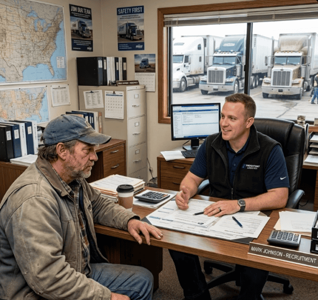 Office manager at trucking company lying to a truck driver.