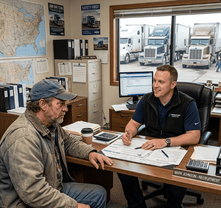 Truck driver being lied to by a trucking company official in the office.