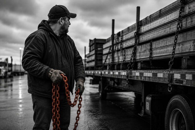 Truck driver getting ready to chain his flat bed load.
