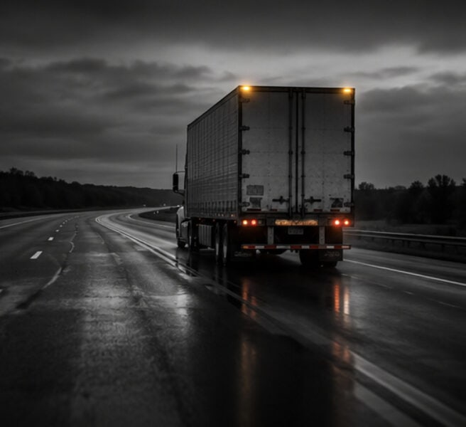 A lone truck on a lonely dark highway.