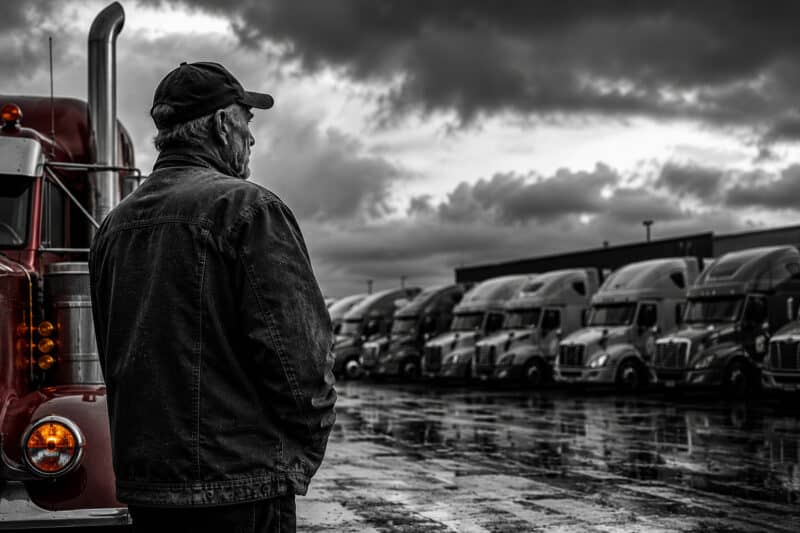 Lonely driver looking at fleet trucks parked in the trucking company yard.

