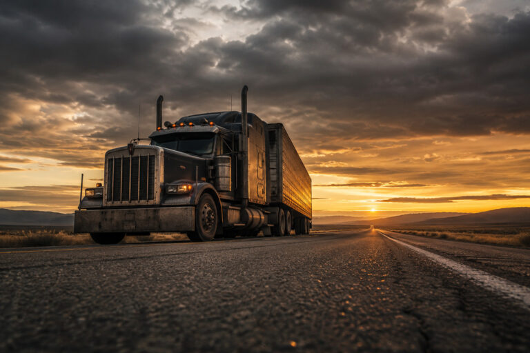 Truck on an open highway at sunset.