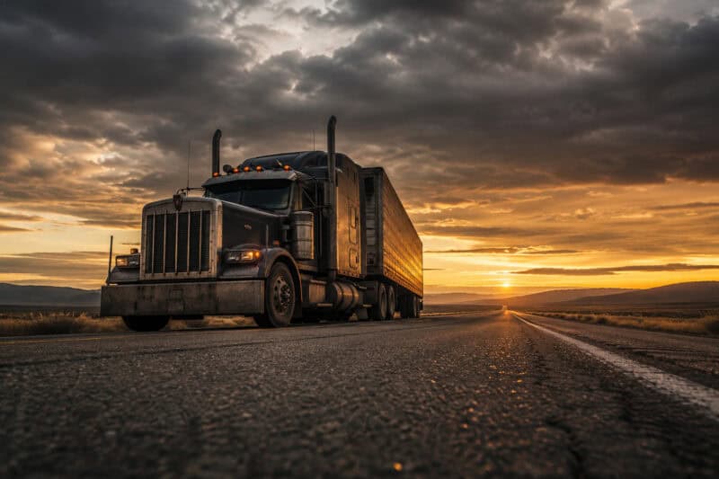 Commercial semi truck on an open highway at sunrise, representing long-haul trucking and life on the road.